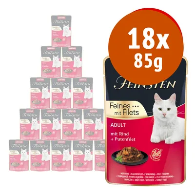 Animonda Feinsten Feines mit Filets ADULT mit Rind e Filet di Tacchino, confezione da 18 buste da 85 g ciascuna, visibile immagine di gatto bianco sulla confezione.