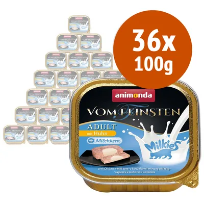 Animonda Vom Feinsten Adult mit Huhn + Milchkern Milkies, confezione 36 vaschette da 100 g. Testo visibile: 'with Chicken + Milk core'. Immagine del prodotto e logo animonda.