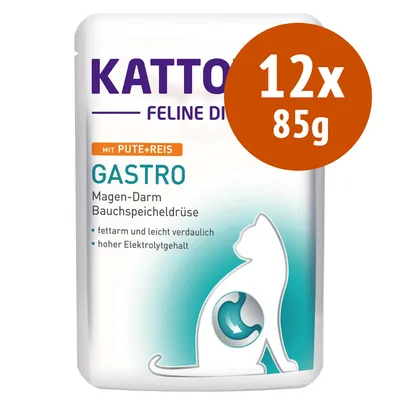 Kattovit Feline Diet Gastro con tacchino e riso, 12x85g. Testo visibile in tedesco: Magen-Darm, Bauchspeicheldrüse, fettarm und leicht verdaulich, hoher Elektrolytgehalt.