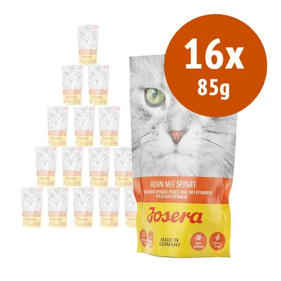 Confezione multipla Josera Huhn mit Spinat, 16 buste da 85 g, visibile scritta 'Pollo con spinaci', simboli anti-hairball e grain free, Made in Germany. Confezione multipla Josera Huhn mit Spinat, 16 buste da 85 g, visibile scritta 'Pollo con spinaci', simboli anti-hairball e grain free, Made in Germany.