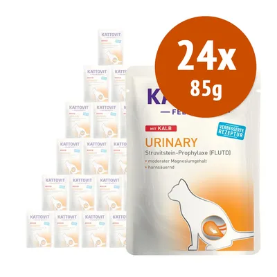 Kattovit Urinary con vitello, confezione da 24 buste da 85 g. Testo visibile: Struvitstein-Prophylaxe (FLUTD), moderater Magnesiumgehalt, harnsäuernd, verbesserte Rezeptur.