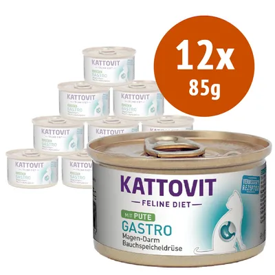 12 lattine da 85 g Kattovit Feline Diet Gastro mit Pute, visibile testo: Magen-Darm Bauchspeicheldrüse, alimento umido per gatti. Immagine delle lattine e confezione frontale.
