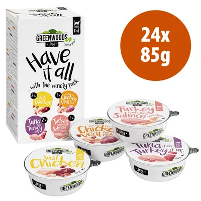Greenwoods Joy Adult Cat, confezione da 24x85g, visibili vaschette con scritte: Just Chicken, Chicken & Veal, Tuna it on Turkey, Turkey Temptation Salmon. Testo in inglese.