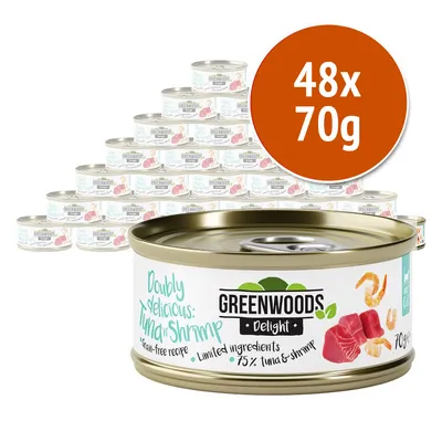 48 lattine da 70 g di Greenwoods Delight Doubly Delicious: Tuna & Shrimp, ricetta senza cereali, ingredienti limitati, 75% tonno e gamberetti. Testo in inglese sull'etichetta.