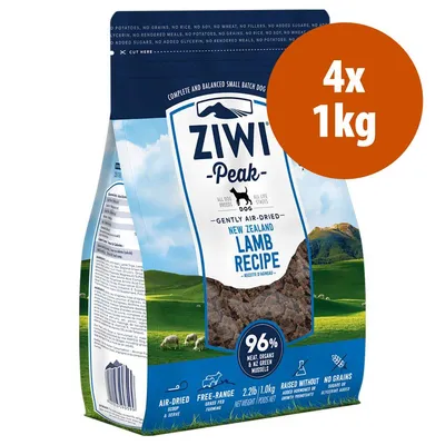 Confezione di crocchette per cani Ziwi Peak New Zealand Lamb Recipe, 4 x 1 kg. Testo visibile: 96% meat, organs & NZ green mussels, air-dried, free-range, no grains.