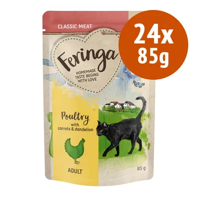 Feringa Classic Meat, Poultry with carrots & dandelion, ADULT, confezione da 24x85g. Testo in inglese sull'imballaggio: Homemade taste begins with love.