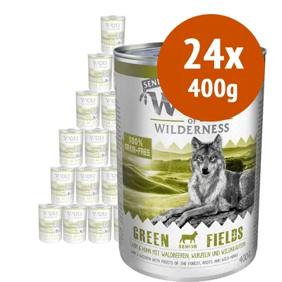 Wolf of Wilderness Senior Green Fields, confezione da 24 lattine da 400 g. Testo visibile: 100% grain-free. Immagine di lupo su sfondo verde.