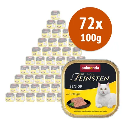 Animonda Vom Feinsten Senior mit Geflügel, confezione da 72 vaschette da 100 g ciascuna, immagine della confezione con gatto bianco e paté su piatto nero.