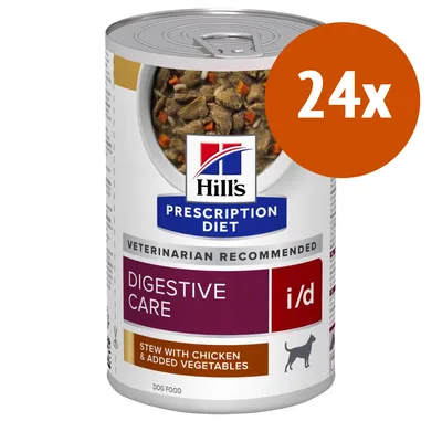 Hill's Prescription Diet Digestive Care i/d, stew with chicken & added vegetables, confezione da 24 lattine. Testo visibile: VETERINARIAN RECOMMENDED, DOG FOOD. Hill's Prescription Diet Digestive Care i/d, stew with chicken & added vegetables, confezione da 24 lattine. Testo visibile: VETERINARIAN RECOMMENDED, DOG FOOD.