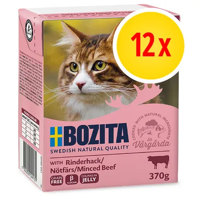 BOZITA Swedish Natural Quality with Rinderhack/Nötfärs/Minced Beef, 370 g, balení 12×. Grain free, B glucan, chunks in jelly. Obal s obrázkem kočky.