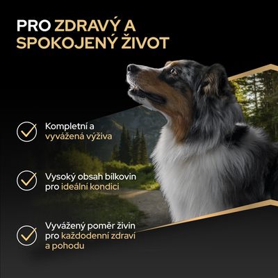 Kompletní a vyvážená výživa, vysoký obsah bílkovin pro ideální kondici, vyvážený poměr živin pro každodenní zdraví a pohodu.