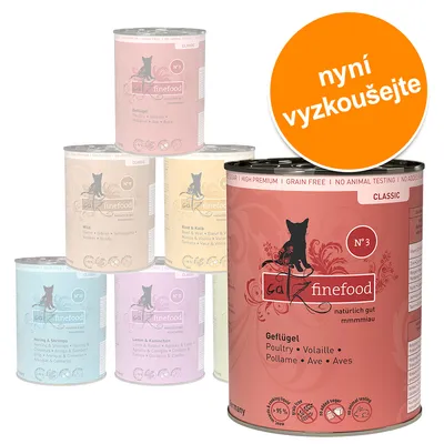 Konzervy catz finefood Classic v různých příchutích, vpředu varianta Geflügel N°3. Oranžový kruh s textem: nyní vyzkoušejte. Konzervy catz finefood Classic v různých příchutích, vpředu varianta Geflügel N°3. Oranžový kruh s textem: nyní vyzkoušejte.