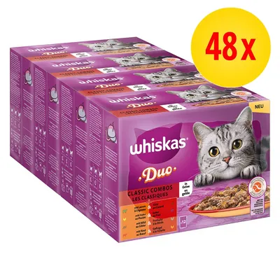 whiskas Duo Classic Combos våtfoder för katt, 48x portionspåsar. Synlig text: 'mit Lamm & Ente', 'mit Huhn & Truthahn', 'mit Wild & Kaninchen', 'mit Rind & Kalb'.