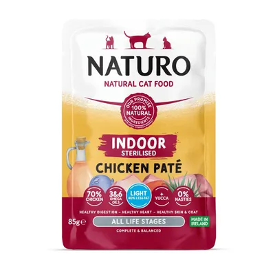 Indoor sterilised chicken paté with 70% chicken, omega oils, light 40% less fat, yucca, 0% nasties. For all life stages. Complete and balanced. Made in Ireland. 85g.