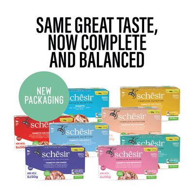 Schesir Complete Nutrition para gatos adultos. Atum em caldo, 6x50g Mini Meal, 100% filetes naturais, com vitaminas adicionais.
