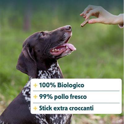 100% biologico, 99% pollo fresco, stick extra croccanti