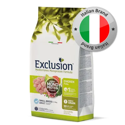 Exclusion Mediterraneo Monoprotein Formula, pollo, Small Breed Adult 2–10 kg, Animal Mono Protein, Noble Grain, Made in Italy, marchio Italian Brand visibile sull'immagine.