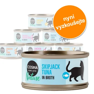 Konzervy Cosma Pure Love Nature pro kočky: Skipjack Tuna, Chicken Fillet, Pacific Tuna, Chicken with Chicken Ham, Chicken and Tuna. Oranžový kruh s textem nyní vyzkoušejte.