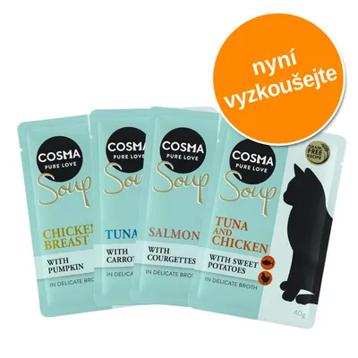 Čtyři sáčky Cosma Pure Love Soup: Chicken Breast with Pumpkin, Tuna with Carrot, Salmon with Courgettes, Tuna and Chicken with Sweet Potatoes. Oranžový kruh s textem nyní vyzkoušejte. Čtyři sáčky Cosma Pure Love Soup: Chicken Breast with Pumpkin, Tuna with Carrot, Salmon with Courgettes, Tuna and Chicken with Sweet Potatoes. Oranžový kruh s textem nyní vyzkoušejte.