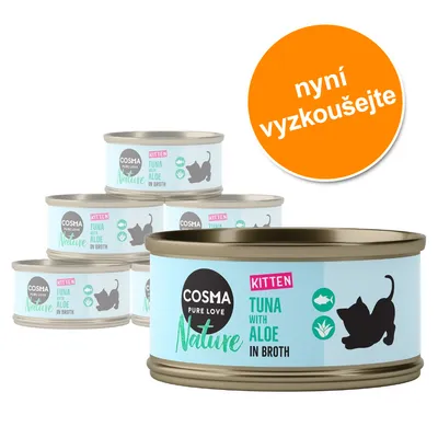 COSMA Pure Love Nature Kitten Tuna with Aloe in Broth – sada konzerv pro koťata, oranžový kruh s textem 'nyní vyzkoušejte'