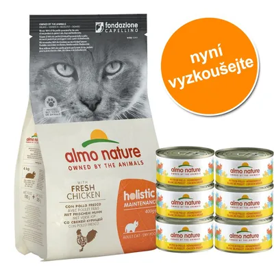 almo nature OWNED BY THE ANIMALS holistic maintenance s kuřecím masem, balení suchého krmiva 4 kg a 6 konzerv Petitio Pollo – Hühnerbrust. Oranžový kruh: nyní vyzkoušejte