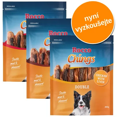 Rocco Chings Double, Chicken with Liver, 200 g. Text: Double meat & pleasure!, nyní vyzkoušejte. Na obalu pes a sušené maso.