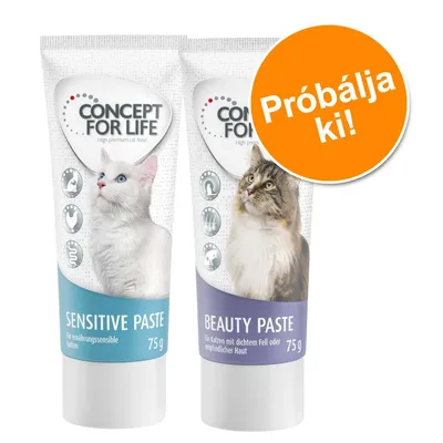 Concept for Life Sensitive Paste 75 g és Beauty Paste 75 g macskáknak, tubusos kiszerelés. Narancssárga kör: Próbálja ki!