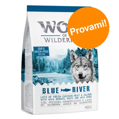 Wolf of Wilderness Blue River, 400 g, ricetta 100% grain-free. Etichetta arancione con testo: Provami!