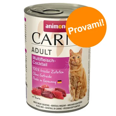 Scatoletta animonda Carny Adult Multifleich-Cocktail, 100% frische Zutaten, Ohne Getreide, Made in Germany, con scritta arancione 'Provami!'. Immagine di carne e gatto sul fronte. Scatoletta animonda Carny Adult Multifleich-Cocktail, 100% frische Zutaten, Ohne Getreide, Made in Germany, con scritta arancione 'Provami!'. Immagine di carne e gatto sul fronte.
