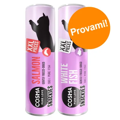 Cosma Snackies XXL Pieces per gatti, due tubi: uno al salmone e uno al white fish, testo visibile 'Provami!', 100% pure fish, gently freeze-dried.