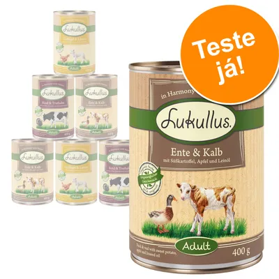 Lukullus Ente & Kalb Adult 400 g, lata de comida húmida para cães. Texto visível: 'Teste já!'. Outras variedades Lukullus em fundo.