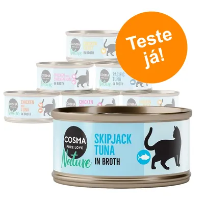 Várias latas de comida para gato Cosma Nature, visíveis sabores: Skipjack Tuna, Chicken Fillet, Chicken with Chicken Ham, Pacific Tuna, Chicken and Tuna. Selo laranja: Teste já!