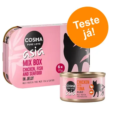 Cosma Pure Love Asia Mix Box, 6 x 170 g, frango, peixe e marisco em gelatina. Lata: Cosma Pure Love Asia Chicken with Tuna in Jelly. Selo laranja: Teste já!