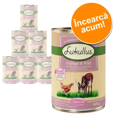 Conservă Lukullus Geflügel & Wild Junior 400 g, pachet cu 6 bucăți. Text vizibil: Extra calcium & phosphorus, Încearcă acum!