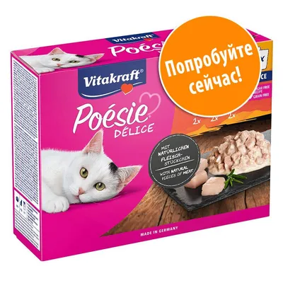 Vitakraft Poésie Délice, упаковка влажного корма для кошек. Видны кусочки мяса на тарелке. Текст: «Попробуйте сейчас!», «Mit natürlichen Fleischstückchen».