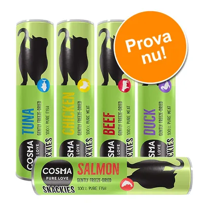 Cosma Pure Love Snackies: Tuna, Chicken, Beef, Duck, Salmon. Gently freeze-dried, 100 % pure meat eller fisk. Orange cirkel med texten 'Prova nu!'.