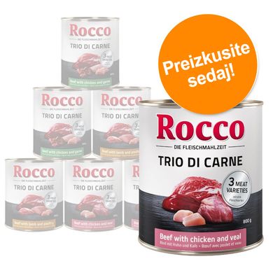 Rocco Trio di Carne, 800 g konzerva. Okus: govedina s piščancem in teletino. Oznaka: Preizkusite sedaj! Vidno: 3 MEAT VARIETIES, Beef with chicken and veal.