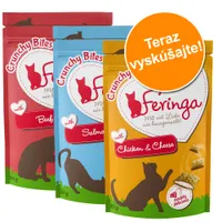 Feringa Crunchy Bites 30 g: Beef, Salmon, Chicken & Cheese. Oranžový kruh s textom: Teraz vyskúšajte!
