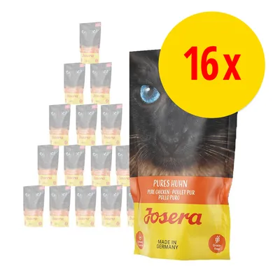 16 poser Josera Pures Huhn kattemad. Tekst på posen: PURE CHICKEN · POULET PUR · POLLO PURO, Josera, MADE IN GERMANY, Grain-free, Grain control.