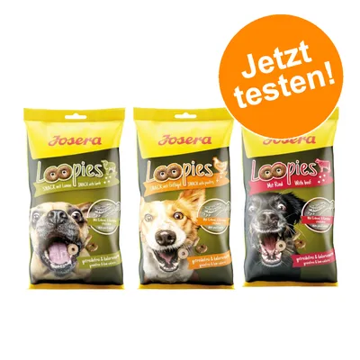 Josera Loopies Hundesnacks: mit Lamm, Geflügel und Rind. Getreidefrei & kalorienarm. Orangefarbener Kreis mit Text 'Jetzt testen!'.