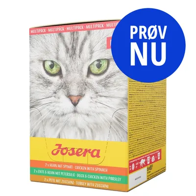 Josera multipack kattemad. 2 x kylling med spinat, 2 x and og kylling med persille, 2 x kalkun med zucchini. Stor blå cirkel med teksten PRØV NU.