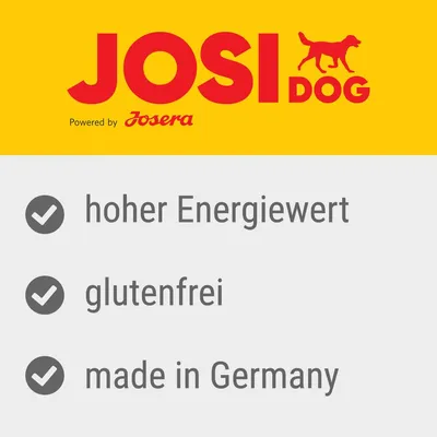 JosiDog powered by Josera. Hoher Energiewert, glutenfrei, made in Germany.