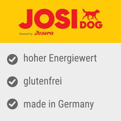 JosiDog powered by Josera. Hoher Energiewert, glutenfrei, made in Germany.