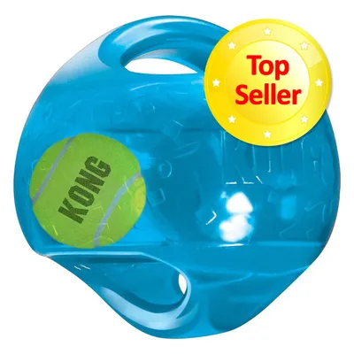 Balle bleue en plastique avec une balle de tennis verte marquée KONG à l’intérieur, badge jaune Top Seller en haut à droite.