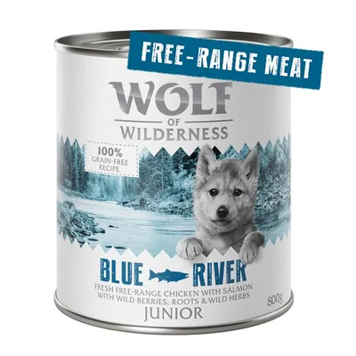 Wolf of Wilderness Junior Blue River, 800 g konzerv. 100% gabonamentes recept szabadon tartott csirkével, lazaccal, erdei bogyókkal, gyökerekkel és gyógynövényekkel. Megjegyzés: Free-Range Meat.