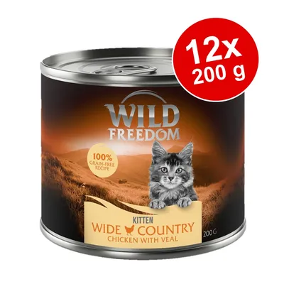 Boîte Wild Freedom Kitten Wide Country Chicken with Veal, 100% grain-free recipe, lot de 12 x 200 g, image d’un chaton sur l’étiquette.