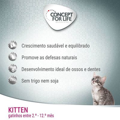 Concept for Life Kitten. Crescimento saudável e equilibrado, promove as defesas naturais, desenvolvimento ideal de ossos e dentes, sem trigo nem soja. Gatinho entre 2.º–12.º mês.