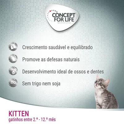 Concept for Life Kitten. Crescimento saudável e equilibrado, promove as defesas naturais, desenvolvimento ideal de ossos e dentes, sem trigo nem soja. Gatinho entre 2.º–12.º mês.