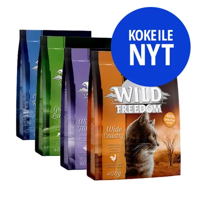 Wild Freedom kissanruokapakkaukset, edessä Wide Country 400 g. Sininen ympyrä: KOKEILE NYT. Näkyvissä myös muita makuja eri väreissä. Wild Freedom kissanruokapakkaukset, edessä Wide Country 400 g. Sininen ympyrä: KOKEILE NYT. Näkyvissä myös muita makuja eri väreissä.