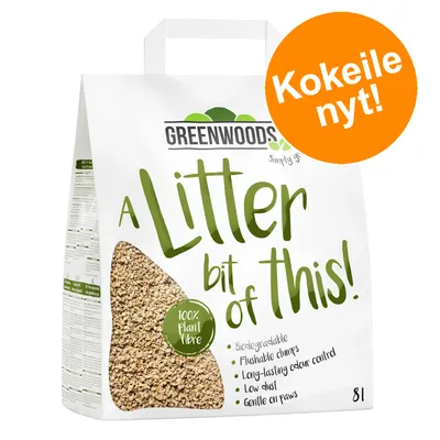 GREENWOODS A Litter bit of this! 100% plant fibre, Kokeile nyt! Biodegradable, flushable clumps, long-lasting odour control, low dust, gentle on paws, 8 l